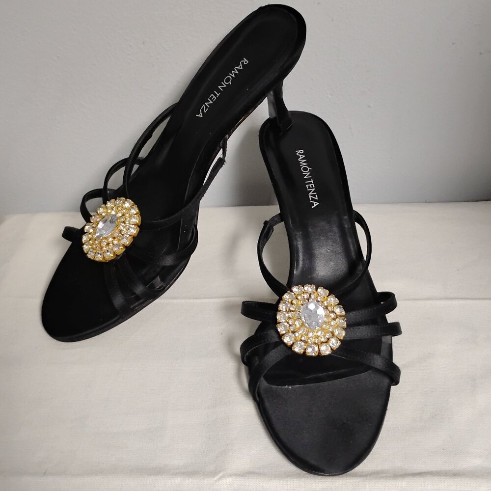 ❤️RAMON TENZA BLACK Rhinestone Vamp Evening Dress Slides Shoes Sz 8.5 $450